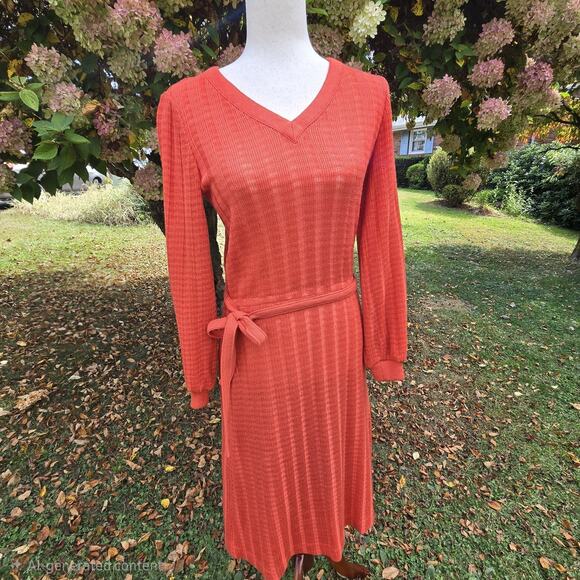Butte Dresses & Skirts - 60s 70s Orange Long Sleeve Waffle Knit Dress Vintage‎ Midi Soft Belted V Neck